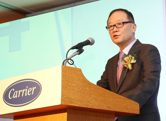 강성희 캐리어에어컨 회장이 6일 서울 소공동 롯데호텔에서 열린 '캐리어에어컨 2014년 전략 발표 기자간담회'에서 올해 사업계획을 발표하고 있다. /사진 제공=캐리어에어컨