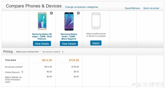 미국 이동통신사 AT&T 갤럭시노트5와 갤럭시 S6 엣지+ 무약정 가격 비교 /사진=AT&T 홈페이지