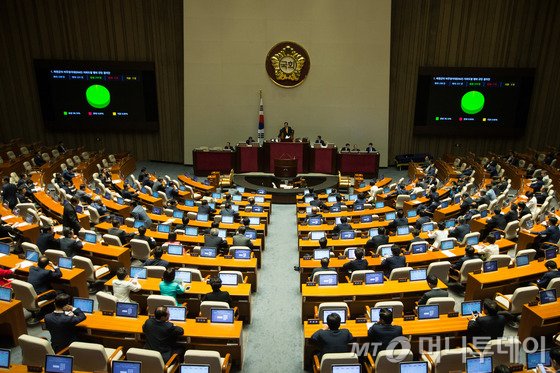  13일 서울 여의도 국회에서 열린 제336회국회(임시회) 제2차 본회의에서 한군의 비무장지대(DMZ) 지뢰도발 행위 규탄 결의안이 재석 221인, 찬성 219인, 반대 0인, 기권 2인의 표결로 가결되고 있다. 2015.8.13/뉴스1  