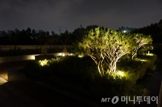 3층 야외 정원은 밤이 되면 조명으로 색다른 분위기가 된다/사진=이지혜 기자