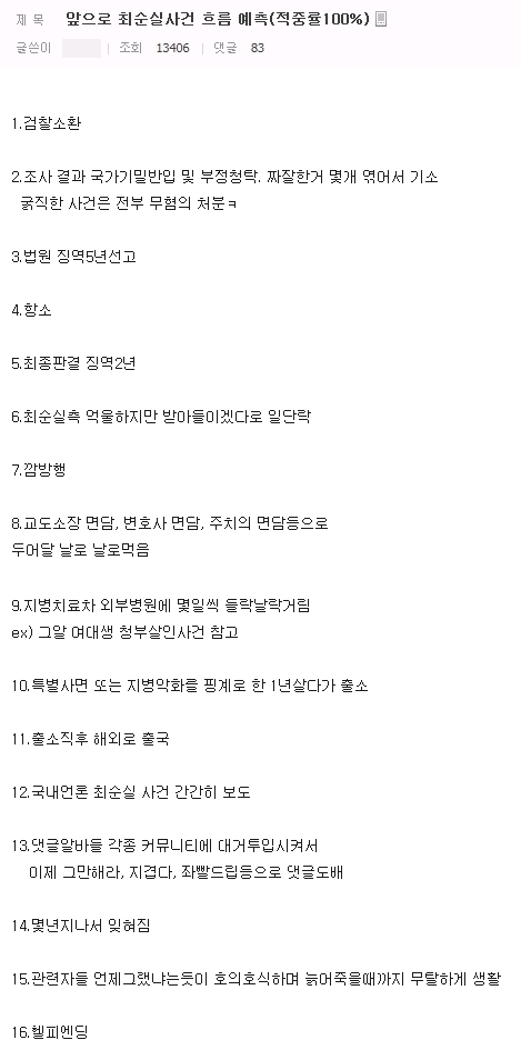 한 누리꾼이 최순실 사태의 향후 흐름을 16단계에 걸쳐 예견했다. /사진=온라인 커뮤니티 캡처