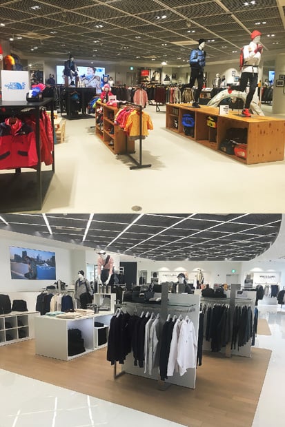 노스페이스 명동 직영점 지하 1층(사진 위)과 지상 2층 매장 내부 전경/사진제공=영원아웃도어