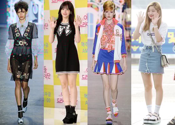 왼쪽부터 '안나수이' 모델, 가수 전소미, '안나수이' 모델, 트와이스 다현 /사진=안나수이 2017 S/S 컬렉션, 머니투데이DB