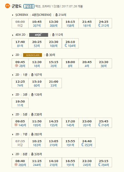 27일 CGV왕십리의 '군함도' 상영시간표 /사진=홈페이지 캡처