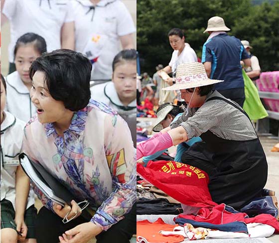 (왼쪽부터)군산 부설초등학교 방문 당시 김정숙 여사, 청주 수해지역에서 자원봉사하는 김정숙 여사. /사진=뉴스1