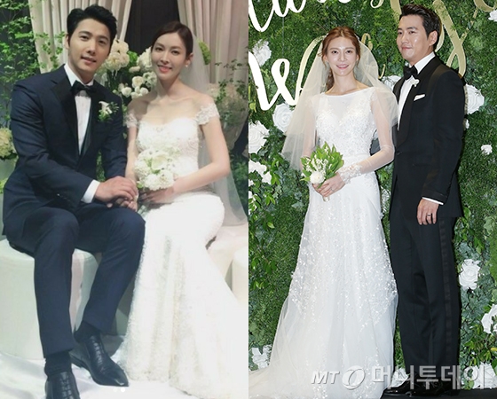 (왼쪽부터)이상우 김소연 결혼식 사진, 차예련 주상욱 결혼식 기자회견 /사진=나무엑터스 인스타그램, 머니투데이 DB