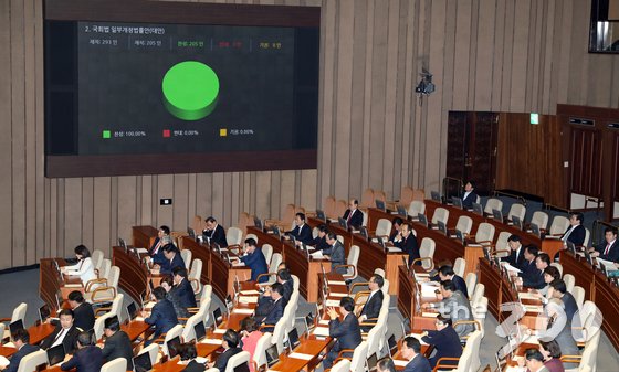  30일 오후 서울 여의도 국회에서 열린 본회의에서 국회법 일부개정법률안(대안)이 재석 205인 중 찬성 205인으로 통과되고 있다. 2018.3.30/뉴스1  