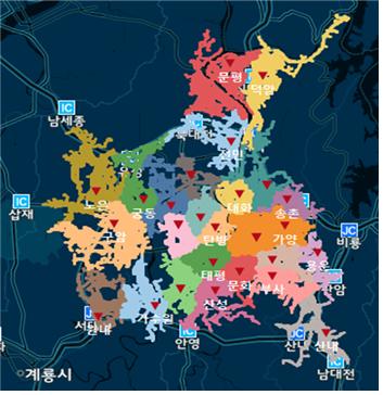 대전시 전 지역에 대한 최단경로 기준 센터 구역도 생성/그래픽 제공=행정안전부