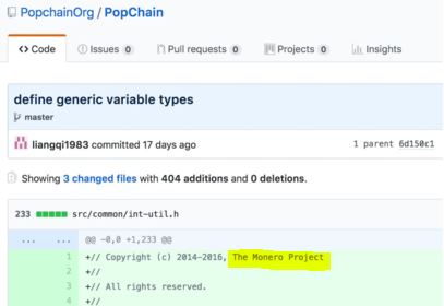 지난 16일 깃허브(Github)에 공개된 팝체인 소스코드 일부. 모네로 코인의 소스코드를 복사해 넣은 흔적이 발견됐다. /사진=깃허브