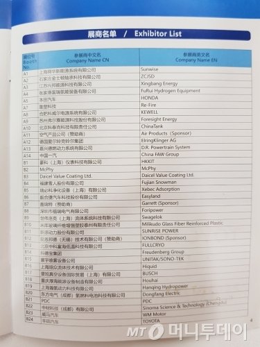 지난달 23~25일 중국 루가오에서 열린 글로벌 수소 전시회 'FCVC 2018'의 전시업체 리스트./사진=황시영 기자