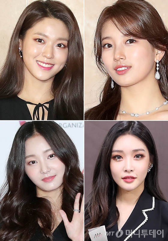 왼쪽부터 시계 방향으로 그룹 AOA 설현, 가수 겸 배우 수지, 가수 청하, 그룹 모모랜드 연우/사진=김휘선, 임성균 기자