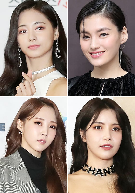왼쪽부터 시계 방향으로 그룹 트와이스 쯔위, 배우 김용지, 그룹 마마무 솔라, 문별/사진=뉴스1,임성균 기자, 김휘선 기자