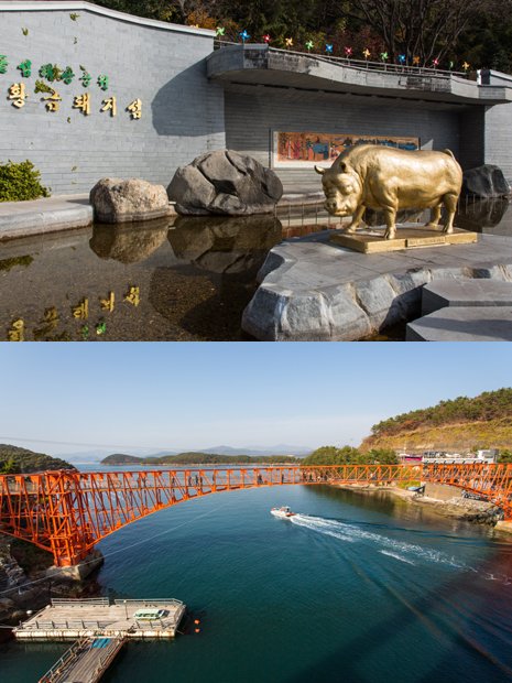 (위부터)돝섬의 상징인 황금돼지 동상. 저도로 들어가는 스카이워크./사진제공=한국관광공사
