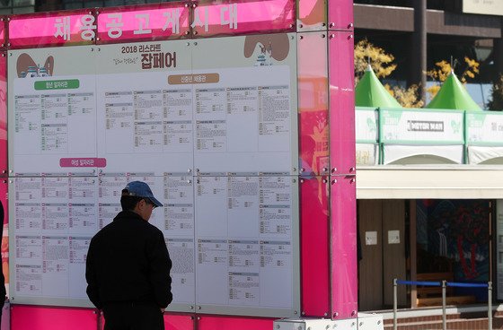 지난해 10월 서울 광화문광장에서 열린 &#39;2018 리스타트 잡페어&#39;에서 한 구직자가 채용공고 게시판을 바라보고 있다. / 사진제공=뉴스1