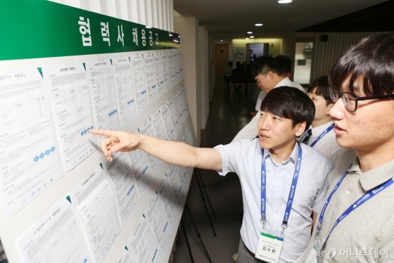 현대건설 기술교육원-협력사 채용박람회 참석자들이 안내 게시물을 보고 있다. /사진제공=현대건설