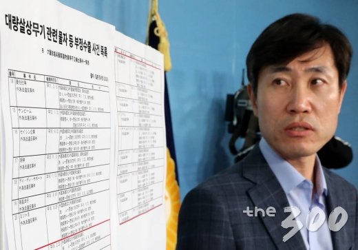 바른미래당 하태경 의원이 12일 오후 서울 여의도 국회 정론관에서 "친북국가에 대량살상무기물자를 밀수출한 나라도 일본이었다"며 관련 자료를 공개하고 있다. / 사진=홍봉진 기자 honggga@