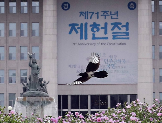 서울 여의도 국회에서 까치가 제71주년 제헌절을 축하하듯 대형 현수막을 지나치며 무공화꽃 위를 날고 있다./사진=뉴시스