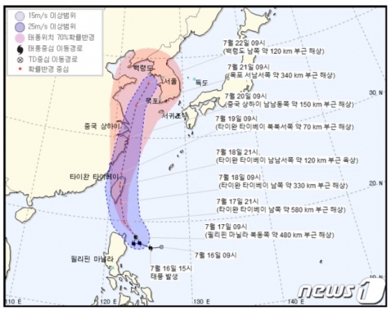 제 5호 태풍 다나스(DANAS) 예상 경로./사진=기상청