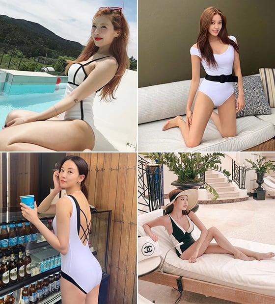 왼쪽부터 시계 방향으로 가수 현아, 효민, 뷰티 크리에이터 이사배, 배우 이주연/사진=각 스타 인스타그램