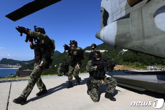 육군 특전사 요원들이 지난 25일 오전 독도와 주변 일대에서 실시된 독도 방어훈련(동해 영토수호훈련)에 참가하고 있다. (해군본부제공)2019.8.25/뉴스1 © News1 최창호 기자