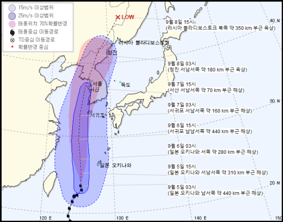 제13호 태풍 링링 예상 경로도/사진=기상청