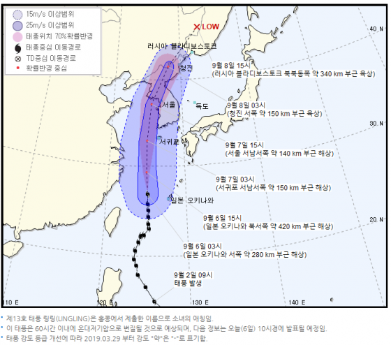 6일 새벽 4시 기상청이 발표한 제 13호태풍 링링(LINGLING) 이동경로 /사진=기상청
