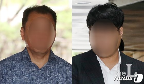 가로등 자동점멸기 업체 웰스씨앤티 최모 대표(왼쪽)와 사모펀드 운용사 코링크프라이빗에쿼티(PE) 이 모 대표가 11일 오전 서울 서초구 서울중앙지방법원에서 열린 영장실질심사에 출석하고 있다. 웰스씨앤티는 사모펀드의 운용사인 코링크프라이빗에쿼티(PE)의 투자처 중 하나로, 조국 법무부 장관 후보자 일가가 약 14억원을 투자한 시기에 관급공사 수주 혜택을 받았다는 의혹을 사고 있다. 이 대표는 코링크PE가 운용하는 사모펀드 '블루코어밸류업1호'에 조국 법무부 장관의 부인 정경심 동양대 교수와 두 자녀로부터 10억5000만원을 투자 받아놓고 금융당국에는 약정 금액인 74억5500만원을 납입받은 것처럼 허위 신고한 혐의 등을 받고 있다./사진=뉴스1