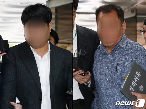 사모펀드 운용사 코링크프라이빗에쿼티(PE) 이 모 대표(왼쪽)와 가로등 자동점멸기 업체 웰스씨앤티 최모 대표가 11일 오전 서울 서초구 서울중앙지방법원에서 열린 영장실질심사에 출석하고 있다. 2019.9.11/뉴스1 © News1 민경석 기자
