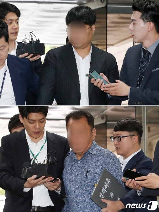 사모펀드 운용사 코링크프라이빗에쿼티(PE) 이 모 대표(위)와 가로등 자동점멸기 업체 웰스씨앤티 최모 대표가 11일 오전 서울 서초구 서울중앙지방법원에서 열린 영장실질심사에 출석하고 있다. 2019.9.11/뉴스1 © News1 민경석 기자
