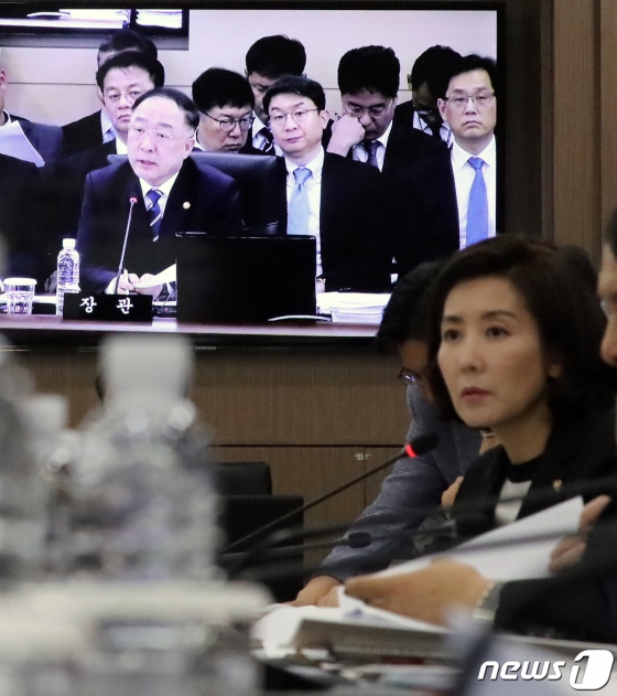 (세종=뉴스1) 장수영 기자 = 나경원 자유한국당 원내대표가 2일 정부세종청사에서 열린 국회 기획재정위원회의 기획재정부에 대한 국정감사에서 홍남기 경제부총리 겸 기획재정부 장관에게 질의를 하고 있다. 2019.10.2/뉴스1