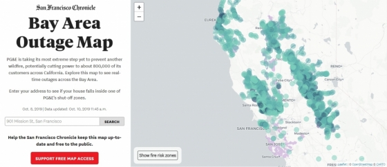 PG&E 단전조치 지역을 표시한 지도. /사진=지역 매체 샌프란시스코 크로니클 웹사이트 캡쳐