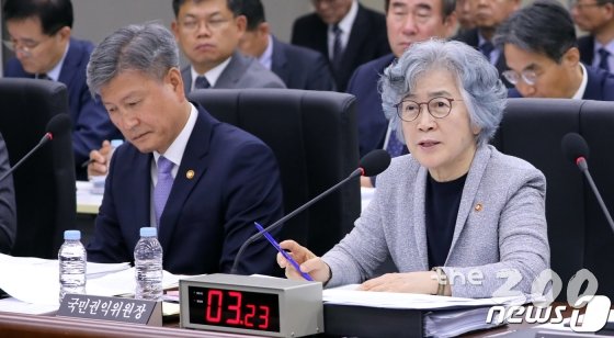 (세종=뉴스1) 장수영 기자 = 박은정 국민권익위원회 위원장이 10일 정부세종청사에서 열린 국회 정무위원회의 국민권익위원회·국가보훈처에 대한 국정감사에서 의원질의에 답변하고 있다. 2019.10.10/뉴스1