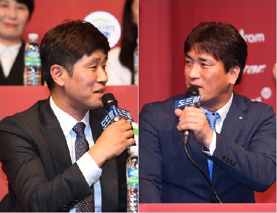 17일 열린 V리그 여자부 미디어데이서 입담 대결을 펼친 김종민 감독(좌)과 차상현 감독(우). /사진=KOVO