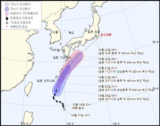 제20호 태풍 너구리 예상 경로/사진=기상청