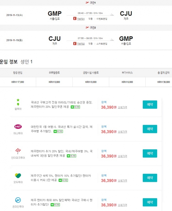 '국내선 1만원대'라고 홍보한 T항공사와 다른 항공사의 가격 비교. / 사진 = 네이버 항공권 가격비교
