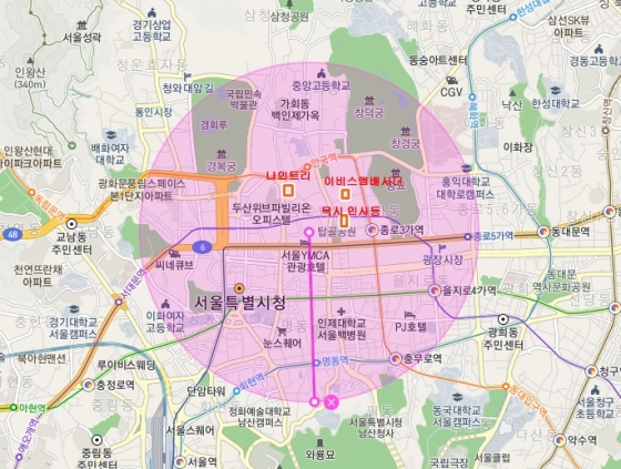 인사동 반경 1.5km. 종로3가 인근에 나인트리와 이비스앰배서더, 목시가 들어서 있다. /사진=카카오맵