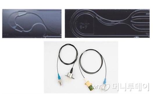 ㈜우리로가 생산하는 제품, 왼쪽부터 LAN-WDM Demux(왼쪽, 상단), CWDM Mux Chip(U-Type)(우측, 상단) SPAD With internal TEC(중앙, 하단) 사진제공=우리로