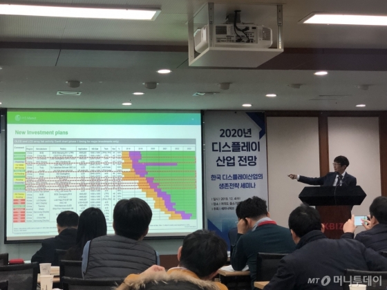 4일 서울 여의도 중소기업중앙회에서 세미나허브 주최로 열린 '2020년 디스플레이 산업 전망- 한국 디스플레이 산업의 생존전략 세미나'에서 박진한 IHS마킷 이사가 강연하고 있다. /사진=박소연 기자