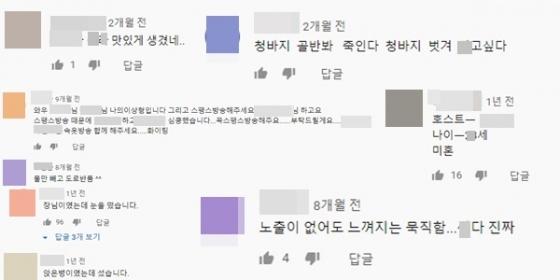 홈쇼핑 쇼호스트들의 영상이 업로드된 유튜브 채널에 달린 댓글들. 성희롱적 발언을 비롯해 속옷방송을 편집해 올려달라는 요청까지 빗발쳤다./사진=유튜브 캡처
