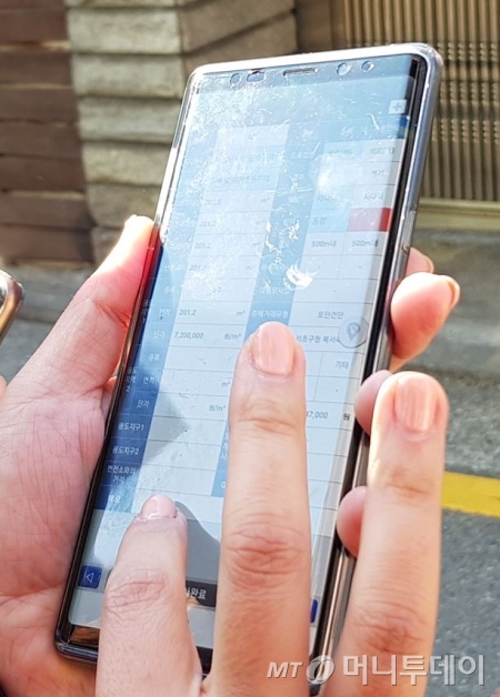 한국감정원 표준단독주택 공시가격 조사 직원이 서초구 한 표준단독주택 앞에서 현장조사 전용 모바일앱으로 면적 등 각종 정보를 확인하고 있다./사진= 박미주 기자