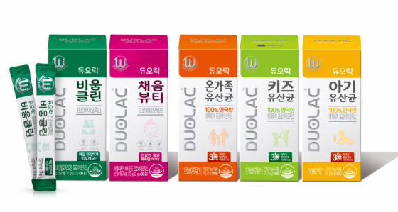(왼쪽부터)'듀오락 비움클린', 듀오락 채움 뷰티', '듀오락 온가족 유산균', '듀오락 키즈 유산균', '듀오락 아기 유산균'/사진=쎌바이오텍