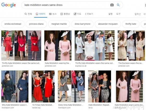 포털 사이트 구글에서 'Kate Middleton wears same dress'를 검색한 화면. 몇해에 걸쳐 같은 옷을 입은 모습을 자주 볼 수 있다. /사진=구글 화면 캡처
