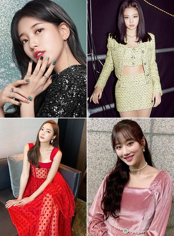 왼쪽부터 시계 방향으로 가수 겸 배우 선미, 그룹 블랙핑크 제니, 그룹 에이프릴 나은, 가수 제시카/사진=대싱 디바, 각 스타 인스타그램
