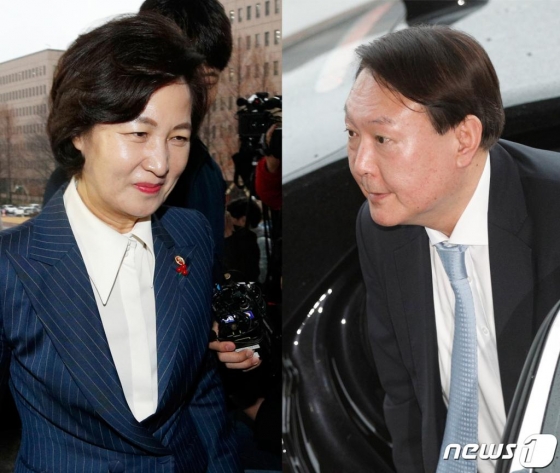 추미애 법무부 장관(왼쪽), 윤석열 검찰총장이 7일 오후 경기 정부과천청사 법무부로 들어서고 있다. 추 장관은 검찰 고위간부 인사 단행을 앞두고 이날 오후 윤석열 검찰총장과 비공개 면담을 할 예정이다. 2020.1.7/사진=뉴스1