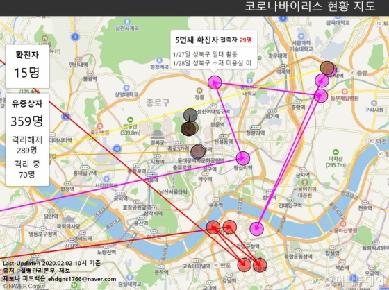 이동훈씨가 만든 코로나맵. 확진자의 동선과 접촉자 정보가 알기쉽게 표시된다/사진=코로나맵 캡처 