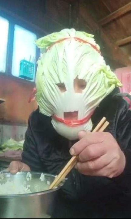 한 중국인이 마스크 대신 배추 가면을 쓰고 있다./사진=온라인 커뮤니티 갈무리