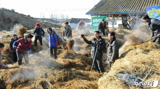 (평양 노동신문=뉴스1) = 북한 노동당 기관지 노동신문은 12일 황해남도 재령군 삼지강 협동농장 사진을 공개하면서 "질좋은 거름 생산에 힘을 넣고 있다"라고 설명했다. 사진은 재령군 농장에서 북한 주민들이 거름을 정리하고 있는 모습.     [국내에서만 사용가능. 재배포 금지. DB 금지. For Use Only in the Republic of Korea. Redistribution Prohibited]  rodongphoto@news1.kr