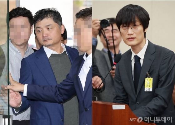 【서울=뉴시스】김병문 기자 = 김범수 카카오 이사회 의장이 지난해 9월 25일 오전 서울 서초구 서울중앙지방법원에서 열린 항소심 1차 공판에 출석하고 있다. 2019.09.25.   dadazon@newsis.com<br>
<br>
이해진 네이버 글로벌투자책임자가 지난 2017년 10월 31일 오후 서울 여의도 국회에서 열린 정무위원회의 종합감사에 출석해 의원들의 질의에 답하고 있다. /사진=이동훈 기자