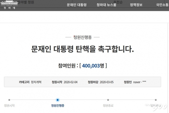 문재인 대통령 탄핵을 촉구하는 청와대 국민청원이 26일 오전 10시30분 동의자 40만명을 넘어섰다/캡쳐=청와대 홈페이지