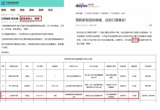 웨이하이에서 보낸 마스크가 부적합 판정을 받았다는 보도. 빨간색 네모 안이 웨이하이에서 보낸 '지아지바오(家至宝)'마스크다. / 사진 = 바이두